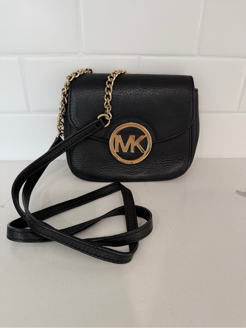 Michael Kors Black Leather Crossbody Bag with Gold MK Emblem Purse